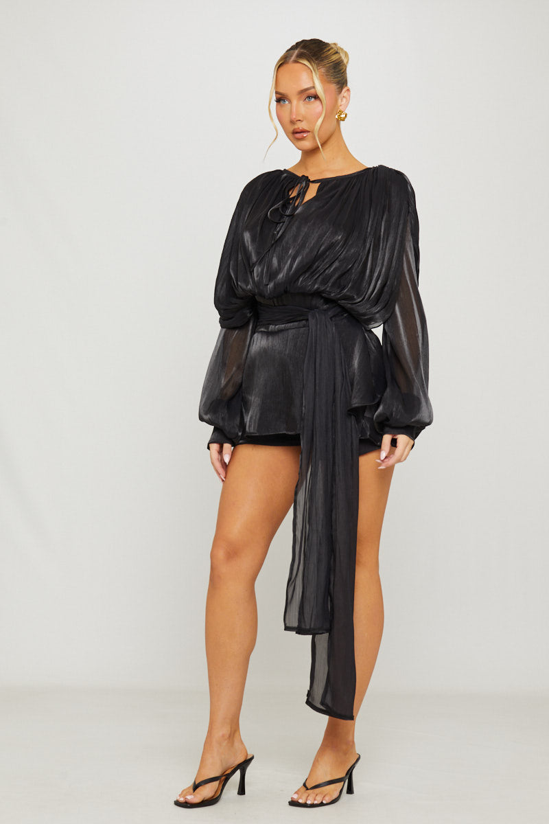Black Fully Pleated Ruffle Mini Dress