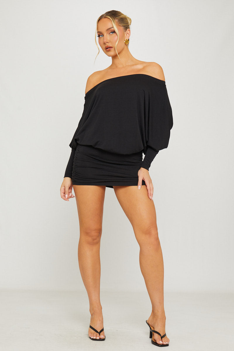Black Off Shoulder Ruched Batwing Mini Dress