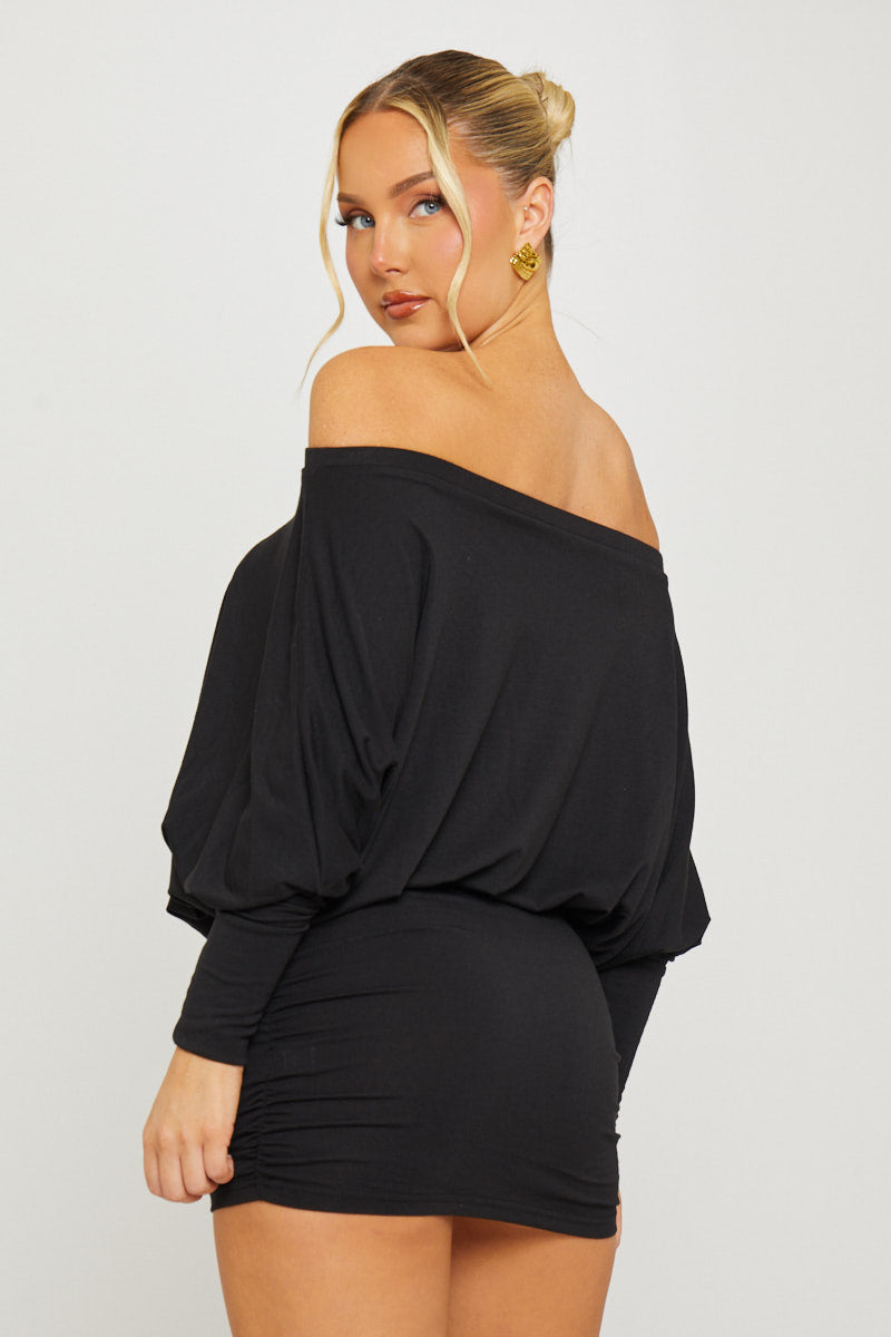 Black Off Shoulder Ruched Batwing Mini Dress