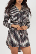Black Satin Geometric Print Belted Shirt Dress