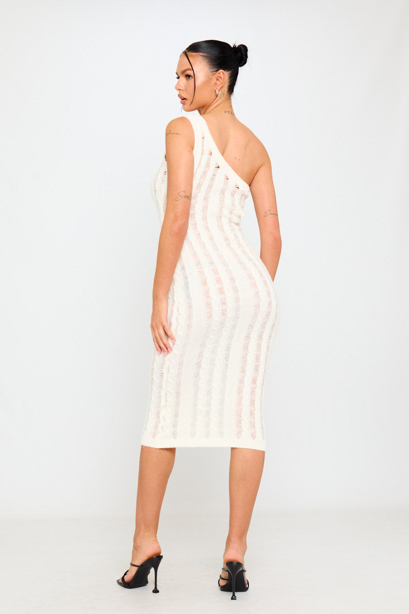 Cream One Shoulder Cable Knit Ladder Midi Dress