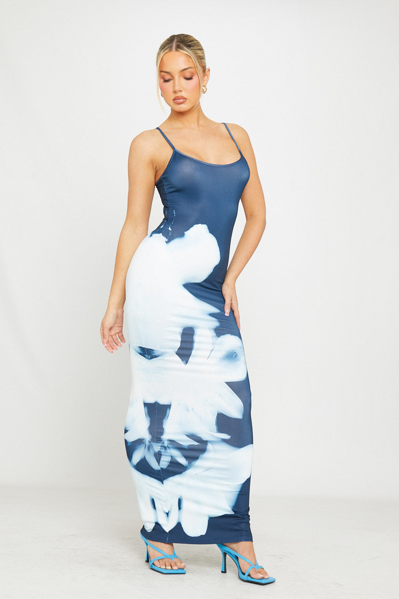 Blue Floral Print Strappy Bodycon Maxi Dress