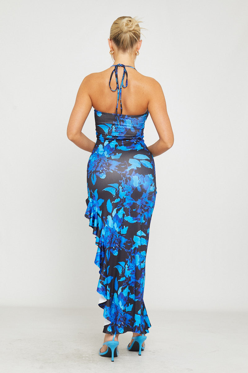 Blue Floral Print Ruffle Halter Tie Front Maxi Dress