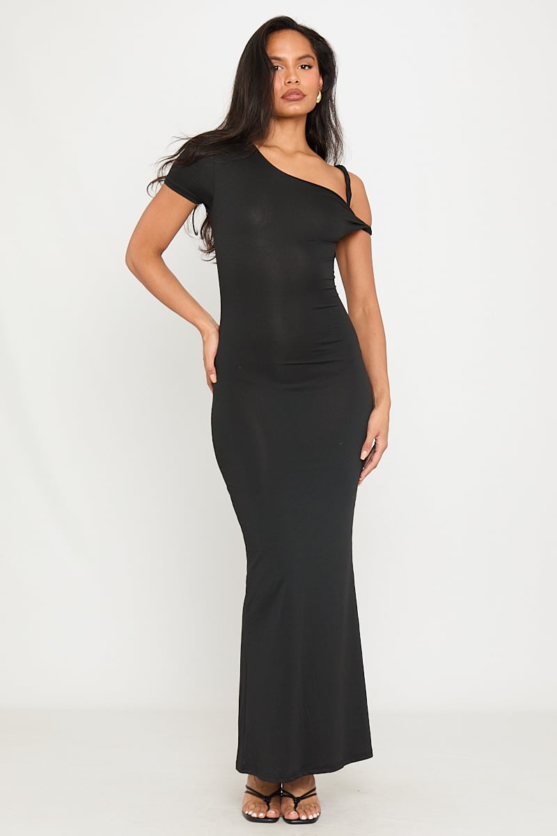 Black Asymmetric One Shoulder Twist Maxi Dress